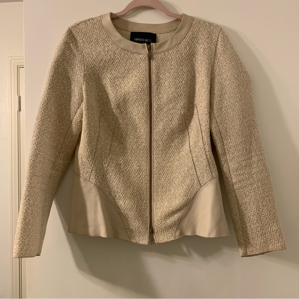 Lafayette 148 zip up blazer, beautiful tweed texture & faux leather, Cream sz 8